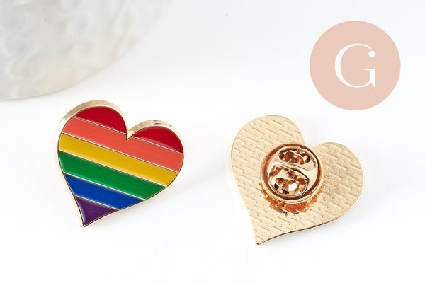 Broche pins coeur LGBT zamac doré arc-en-ciel 23mm, x1 (G9458)