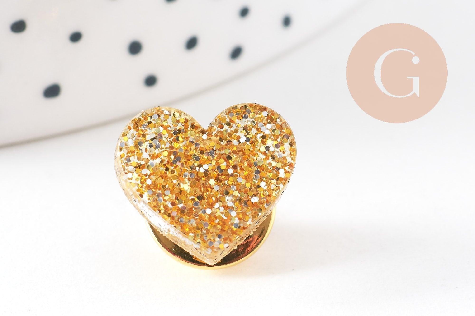 Broche pins coeur Plexiglas doré à paillettes 20mm, x1 (G10532)