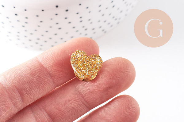 Broche pins coeur Plexiglas doré à paillettes 20mm, x1 (G10532)