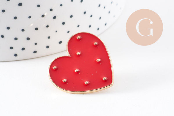 Broche pins coeur laiton doré émaillé rouge à pois 29mm, x1 (G5240)