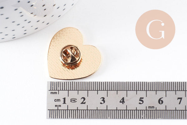 Broche pins coeur laiton doré émaillé rouge à pois 29mm, x1 (G5240)