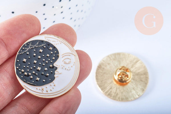 Broche pins croissant de lune mystique émail noir doré émail 35mm, x1 (G6628)