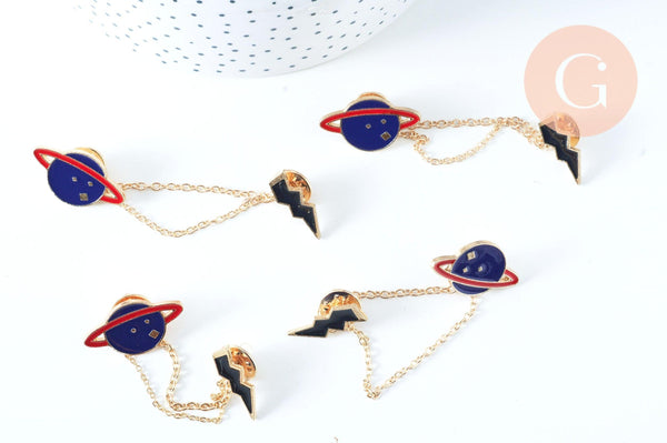 Broche pins double planète éclair doré émail ,broche dorée ,décoration veste,x1 G6381