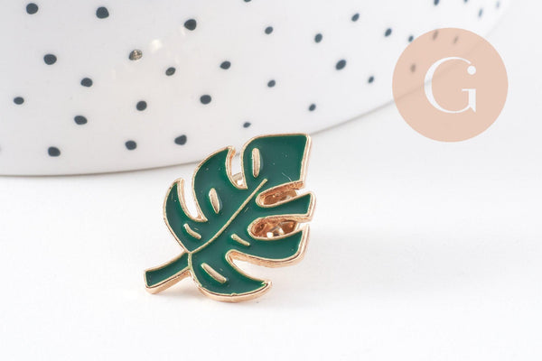 Broche pins feuille monsterosa motif végviergesétal doré émail 25mm ,x1 (G5745)