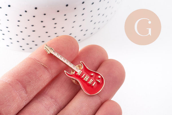 Broche pins guitare émail rouge doré 42mm, x1 (G10168)