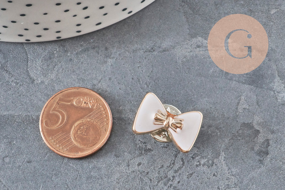 Broche pin's noeud blanc plastique & fer doré 18.5mm, x1 (G11331)-Broches et épinglettes-Gingerlily Perles