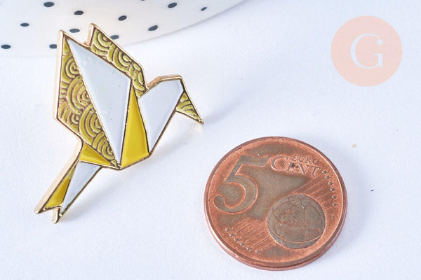 Broche pins oiseau origami doré émail Jaune 28x28mm,broche dorée, décoration veste,x1 G6613