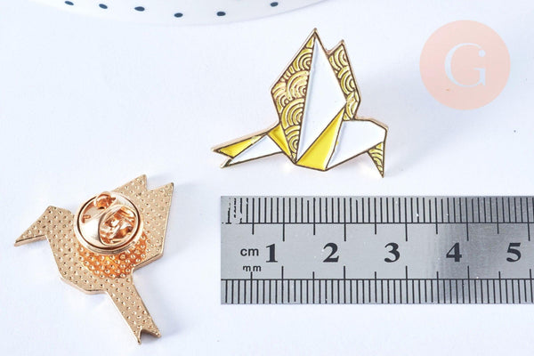 Broche pins oiseau origami doré émail Jaune 28x28mm,broche dorée, décoration veste,x1 G6613