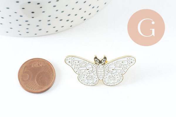 Broche pins papillon blanc mystique zamac doré 39mm, x1 (G9743)
