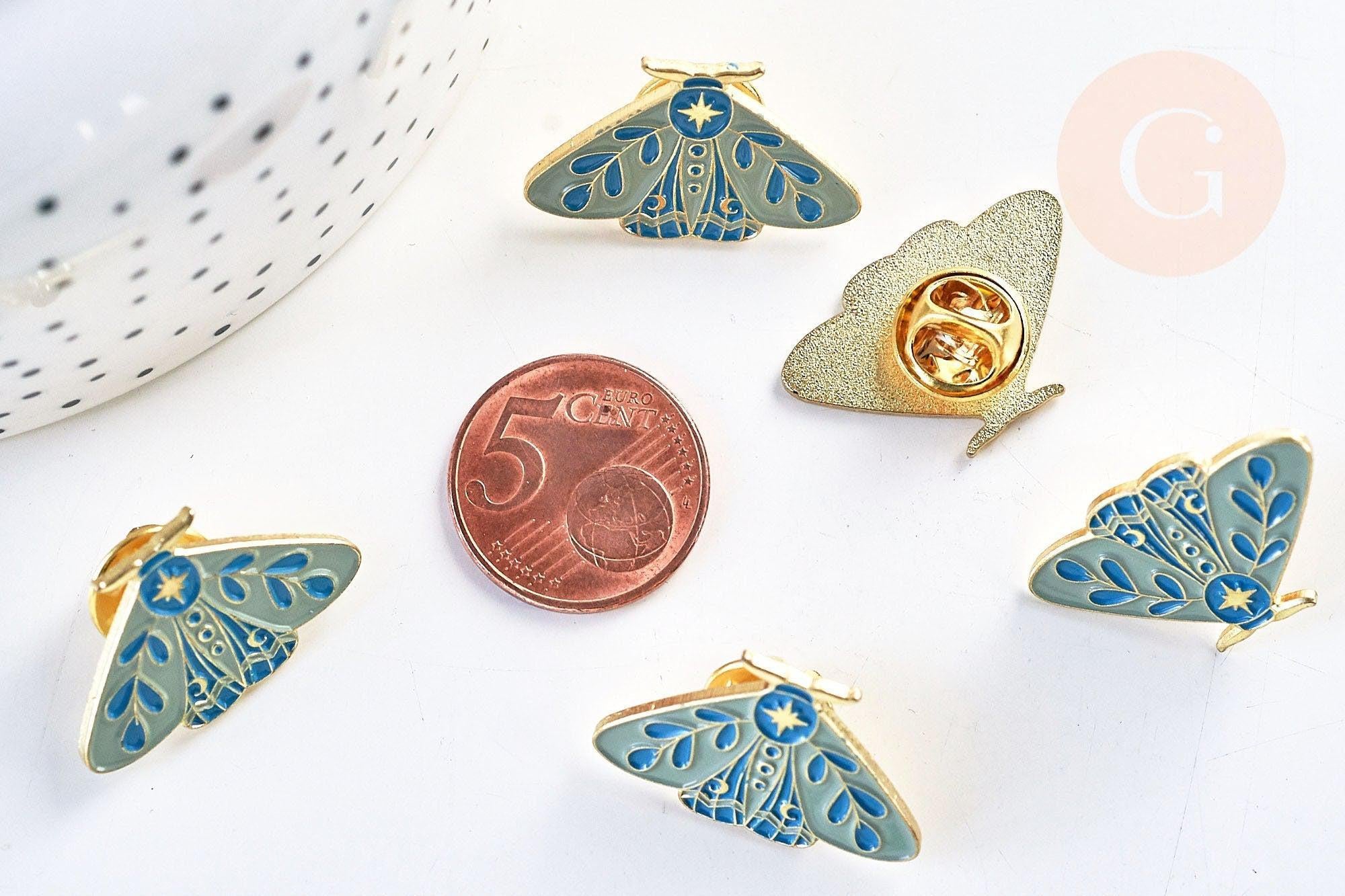 Broche pins papillon mystique doré émail bleu 27.5x18mm, x1 (G5547)