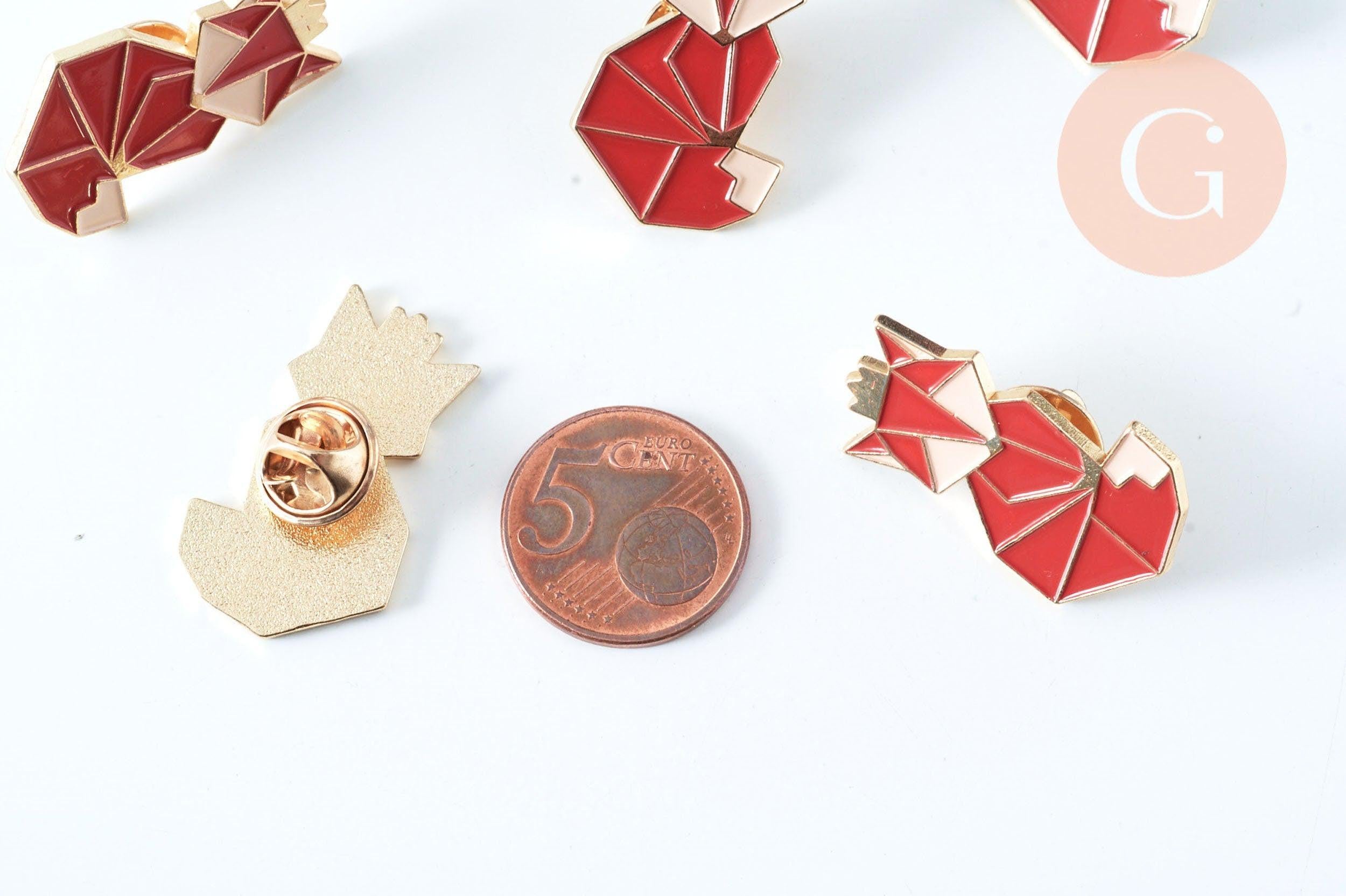 Broche pins renard roux origami doré émail orange 31.5x19mm, x1 (G8046)