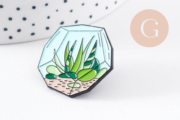 Broche pins terrarium plante avec émail 37.5mm, décoration veste, x1 (G5671)