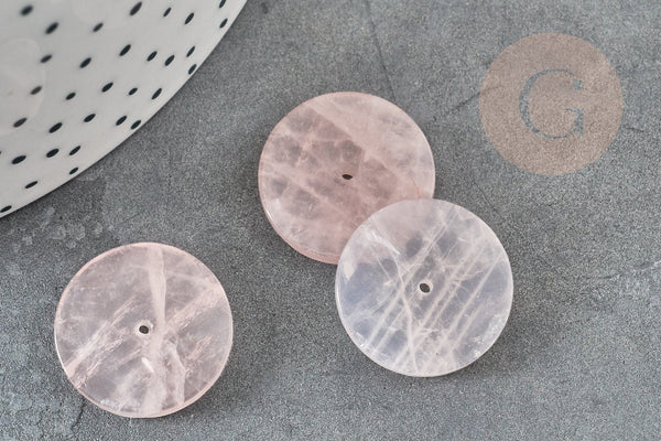 Cabochon disque quartz rose percé naturel 25mm, x1 (G6462)
