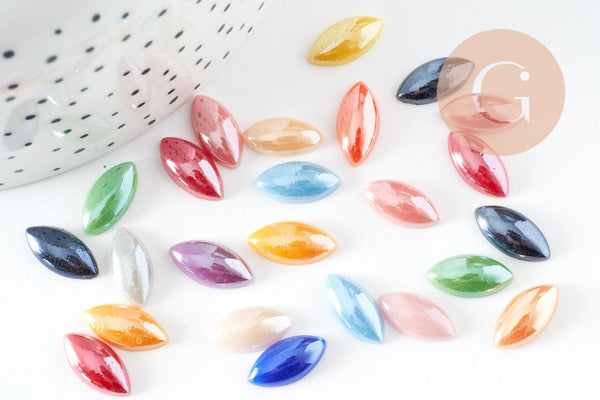 Cabochon dôme marquise verre irisé 14x7mm, x10 (G2282)