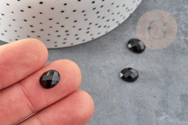 Cabochon ovale agate naturelle noire facetté 10x8mm, x1 (G2277)