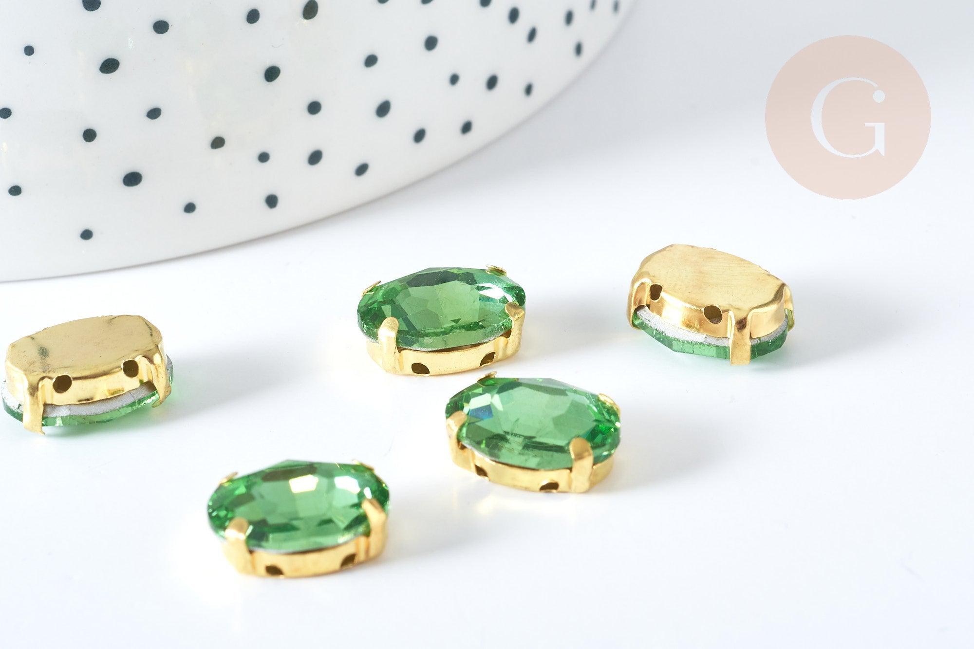 Cabochon ovale cristal vert clair avec serti en laiton doré 14x10mm, x5 (G8112)