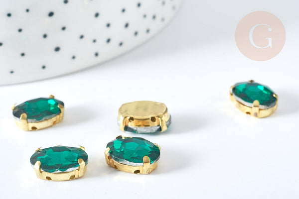 Cabochon ovale cristal vert emeraude avec serti en laiton doré 14x10mm, x5 (G8113)