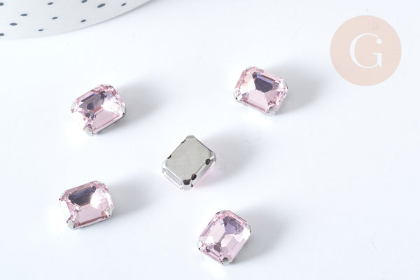 Cabochon rectangle cristal rose clair avec serti en laiton argenté 8x10mm, x5 (G8114)