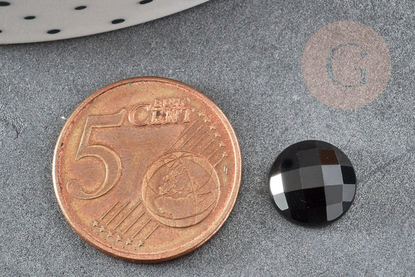 Cabochon rond agate naturelle noire facetté 10mm, x1 (G6692)