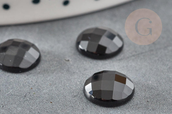 Cabochon rond agate naturelle noire facetté 10mm, x1 (G6692)