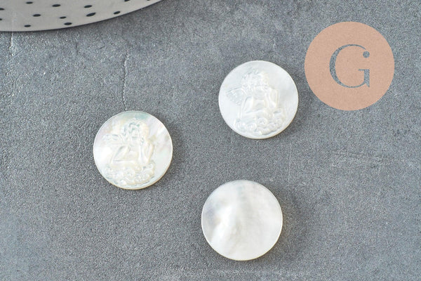 Cabochon rond ange nacre blanche naturelle gravé 14mm, x1 (G9626)