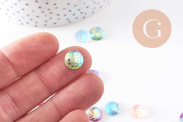 Cabochon rond écailles résine irisée multicolore 10mm, x5 (G7101)
