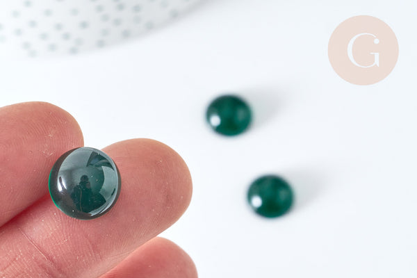 Cabochon rond verre lisse vert foncé 12mm, x1 (G8146)