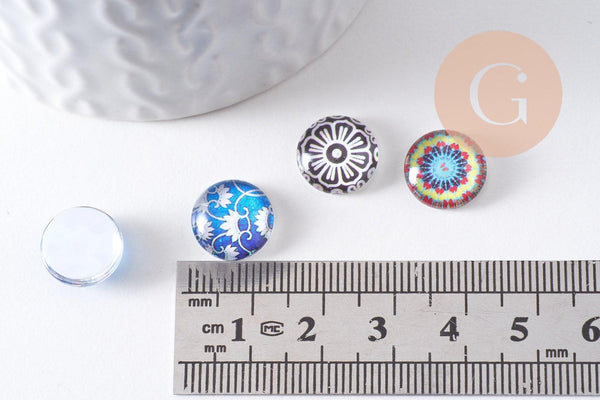 Cabochon verre rond dôme imprimé 12mm, x20 (G3743)