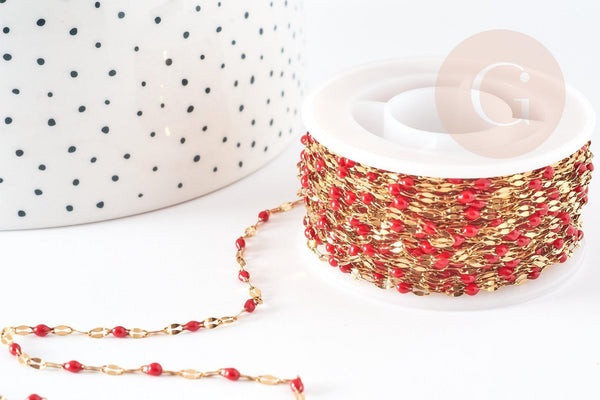 Chaine acier 304 dorée IP 14K fantaisie résine rouge 2mm, x1 mètre (G1566)