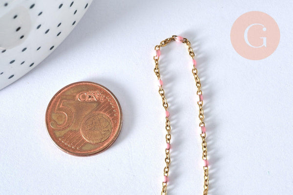 Chaine acier 304 inoxydable doré 14k fantaisie résine rose 2mm-45cm, x1 (G1810)