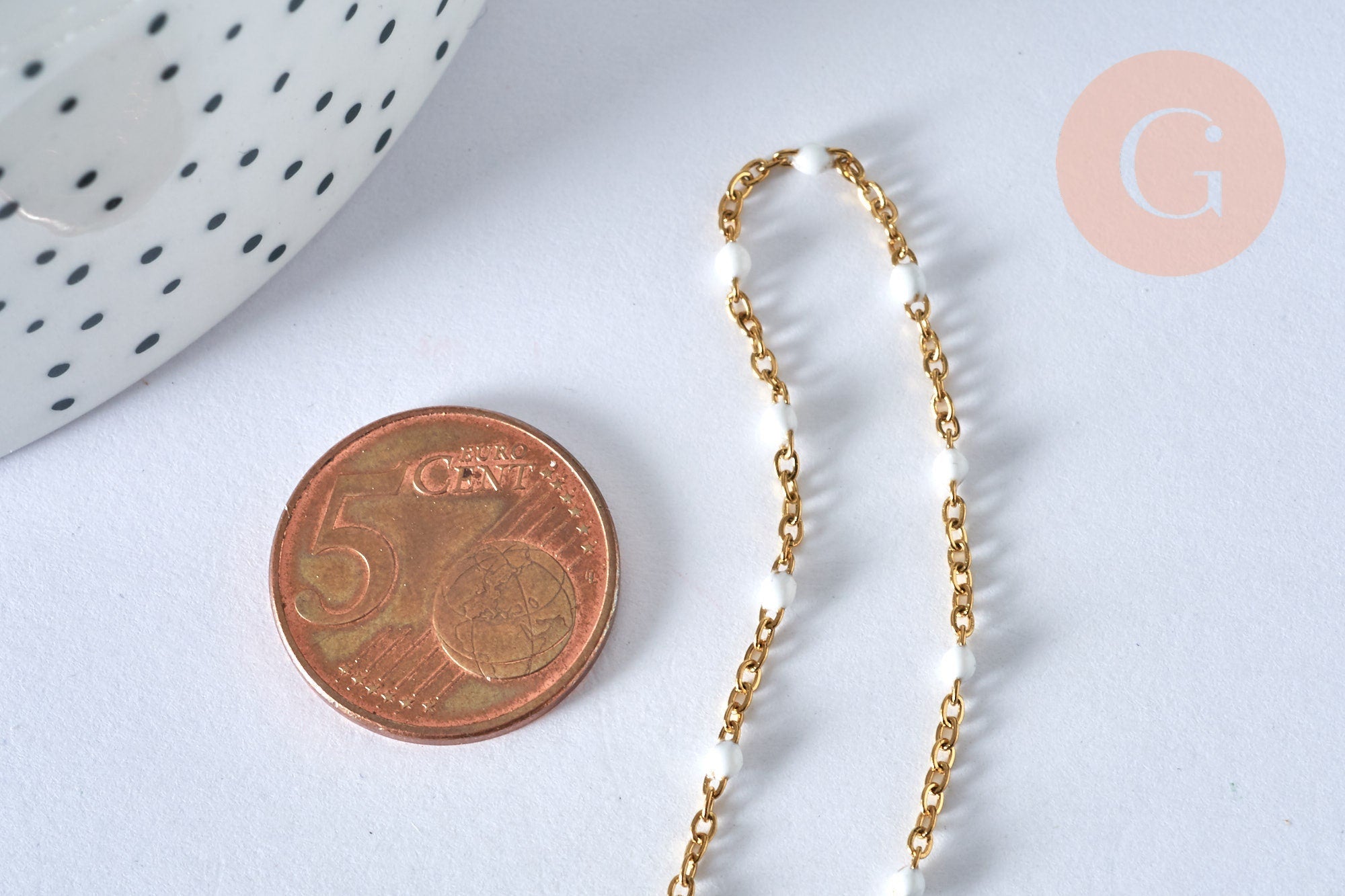 Collier Chaine acier 304 inoxydable doré 14k résine blanche 2mm-45cm, x1 (G1732)