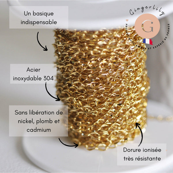 Chaine maille courbe large acier 304 inoxydable doré IP 14K 5mm, x1 mètre (G3146)