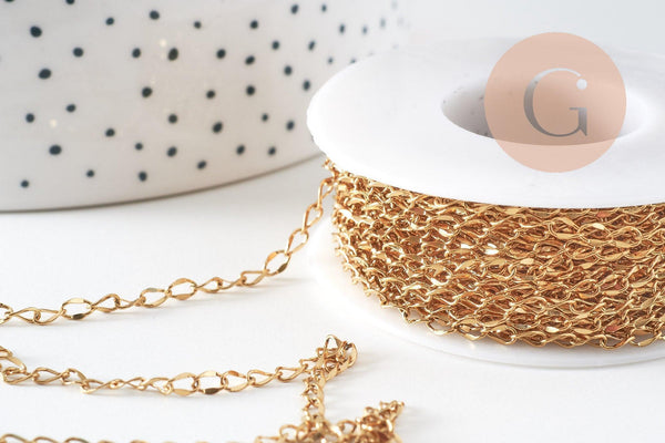 Chaine acier 304 inoxydable doré IP 14K fantaisie maille courbe large 5mm, x1 mètre (G3146)