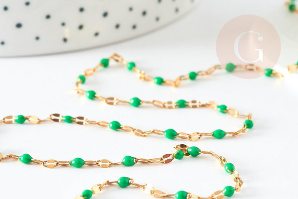 Chaine acier 304 inoxydable doré IP 14k résine verte 2mm, x1 mètre (G0941)