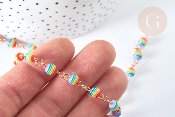 Chaine acier 304 inoxydable doré perles rondes plastique multicolore 6mm, x1 mètre (G7185)