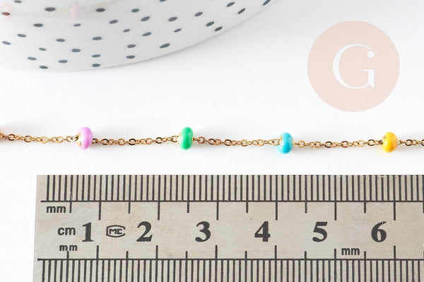 Chaine acier 304 inoxydable dorée 14k fantaisie résine multicolore pastel 0.5-1.mm, x1 mètre (G3037)