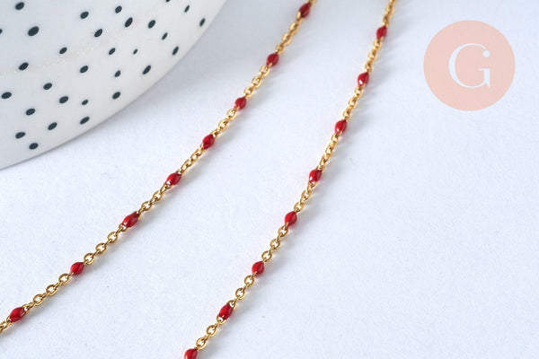 Chaine acier dorée 14k fantaisie résine rouge, chaine fantaisie acier dore,chaine complète,2mm,45cm, x1 (G1361)