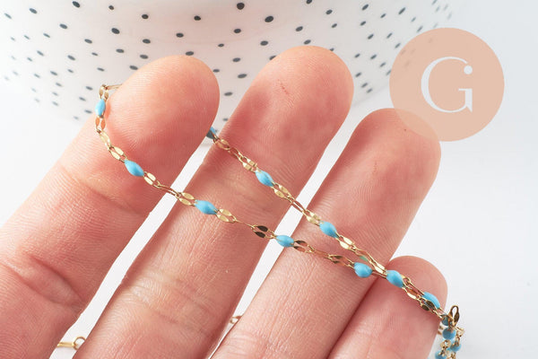 Chaine acier inoxydable 304 doré IP 14k fantaisie résine bleue 2mm, x1 mètre (G0940)