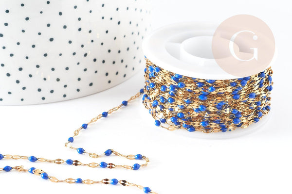Chaine acier inoxydable 304 doré IP 14k fantaisie résine bleue 2mm, x1 mètre (G0942)