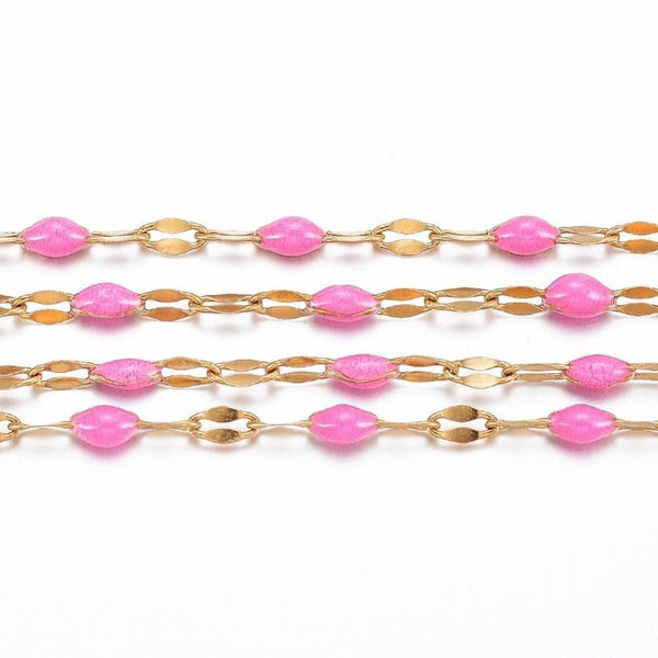 Chaine acier inoxydable doré IP 14k résine rose foncé 2mm, x1 mètre (G1035)