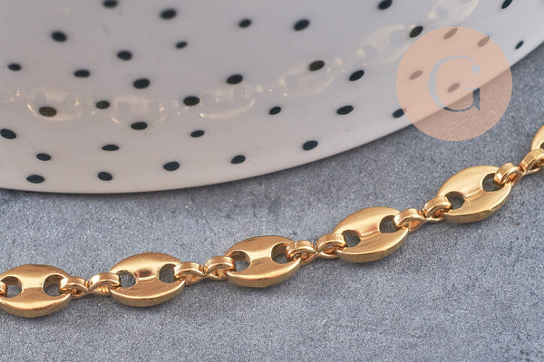 Chaine acier inoxydable doré IP 18k maille grain de café 7x4mm, x1 mètre (G5499)