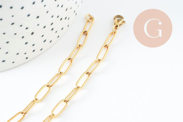 Chaine avec fermoir acier 304 inoxydable doré maille rectangle 55cm,chaine collier inoxydable, chaine large,chaine complète, x1 G9407
