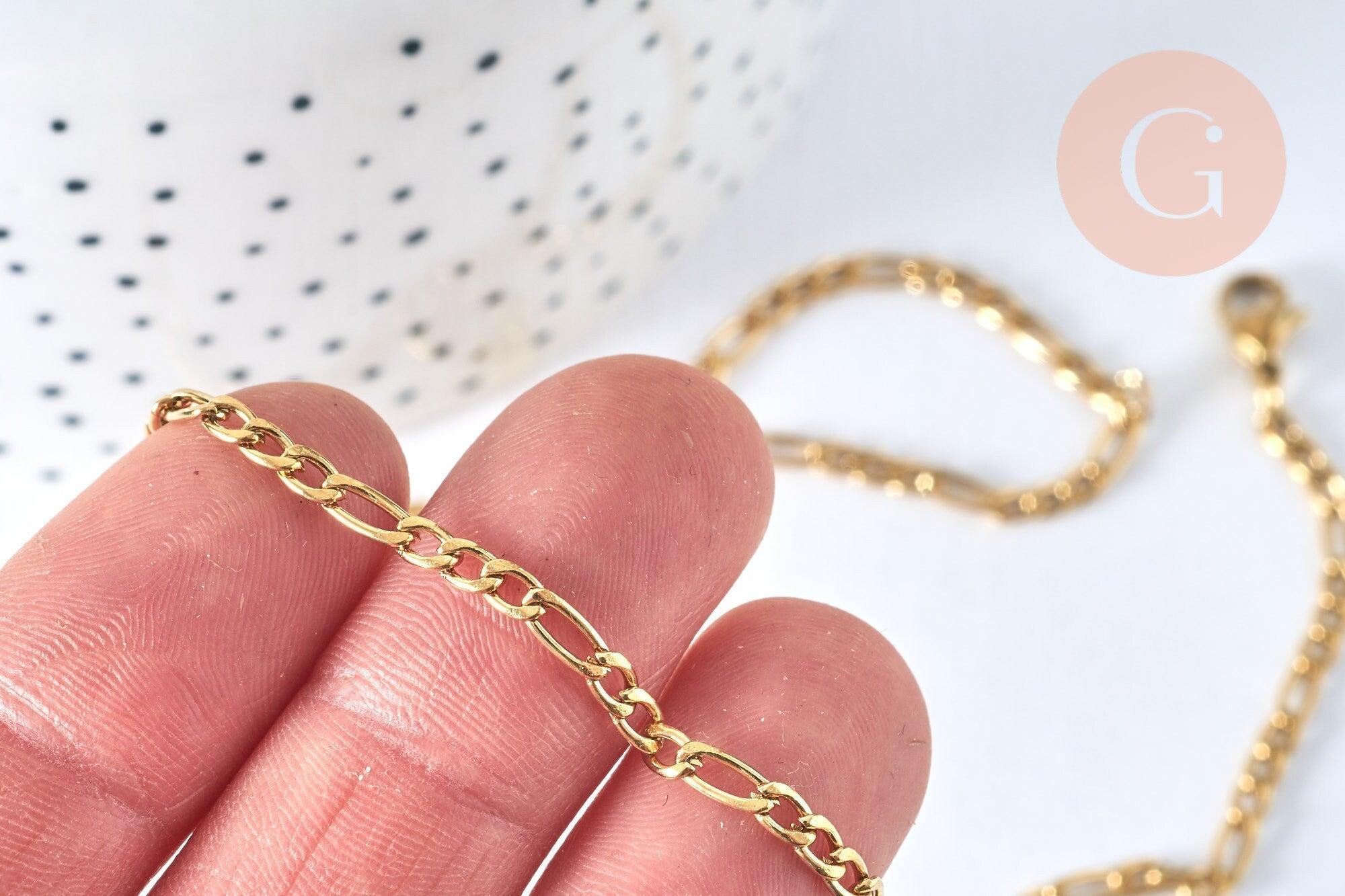 Collier Chaine avec fermoir acier doré 18k figaro 3mm-45cm, x1 (G1491)