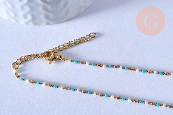 Chaine avec fermoir acier inoxydable doré perles rocaille turquoise artisanale 40.7cm, x1 (G4010)