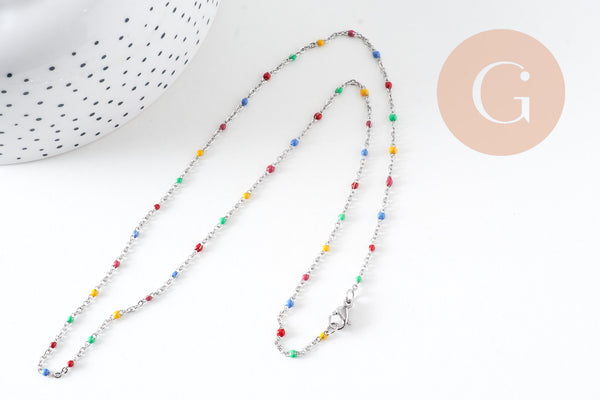 Chaine avec fermoir acier inoxydable platine résine multicolore 2mm-45cm,chaine collier, x1 (G1412)