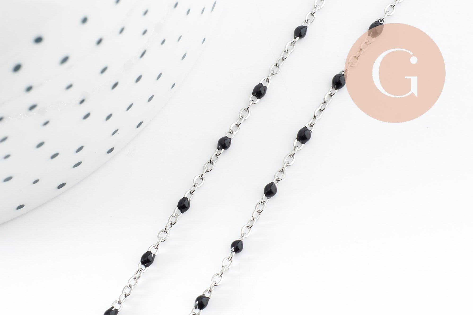 Collier Chaine avec fermoir acier inoxydable platine résine noire 2mm-40.5cm, x1 (G10010)