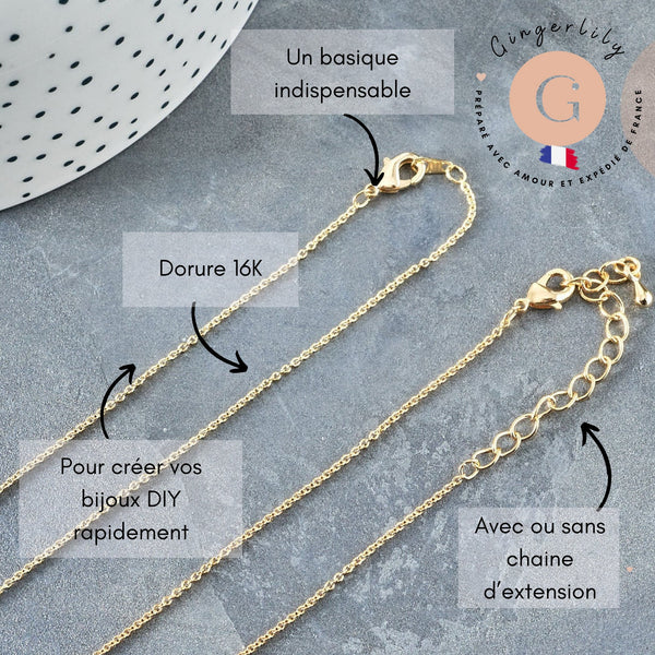 Chaine avec fermoir fine dorée forçat 16K 2.5 microns 1.5mm - 45/50cm x1 (G1898)
