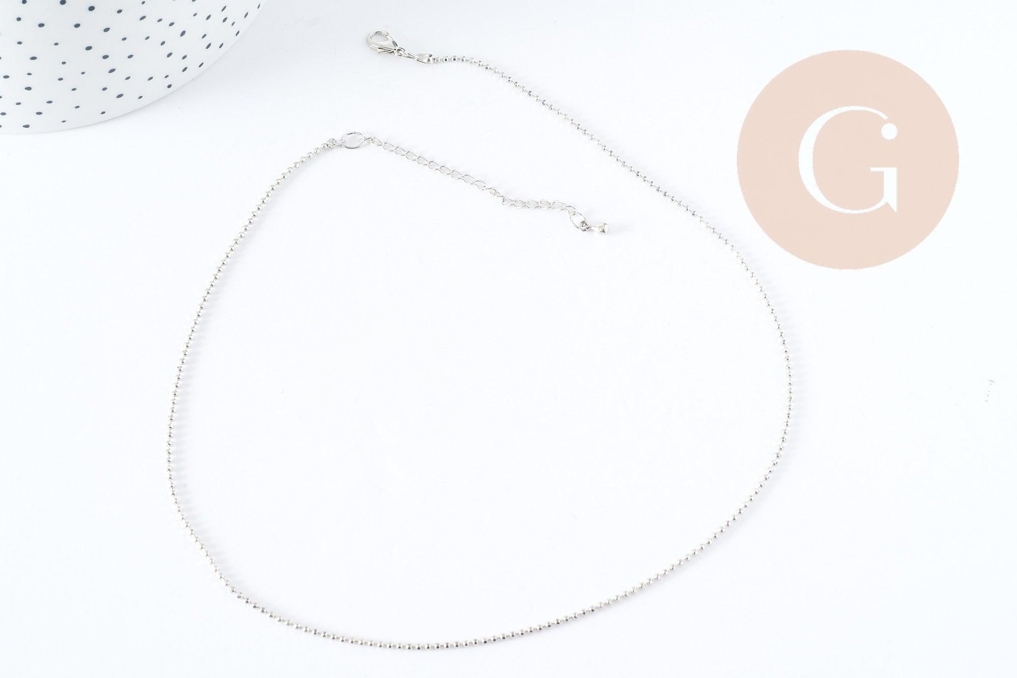 Collier Chaine boule fine laiton platine boule facettes 1.5mm/45cm,chaine collier laiton argenté chaine complète avec fermoir x1 G6202