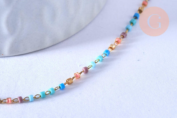 Chaine complète acier doré perles rocaille multicolores artisanales, création collier acier inoxydable doré,40.7cm, x1 G5407