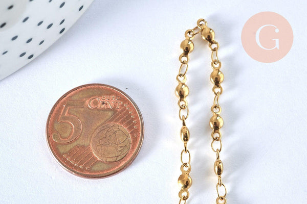 Chaine complète acier dorée 14k boule, chaine fantaisie sans nickel, acier doré, chaine complète,2.mm,45.5cm, x1 G0142